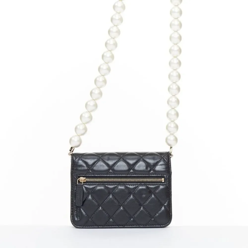 CHANEL 2020 Maxi Pearls black quilted lambskin gold hardware wallet on chain bag